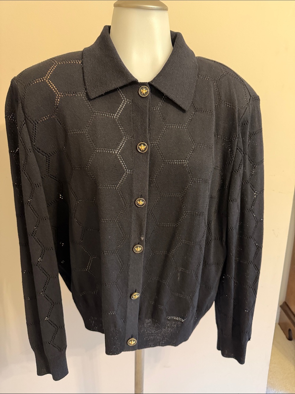Black Knit Bomber Jacket with Gold Buttons
